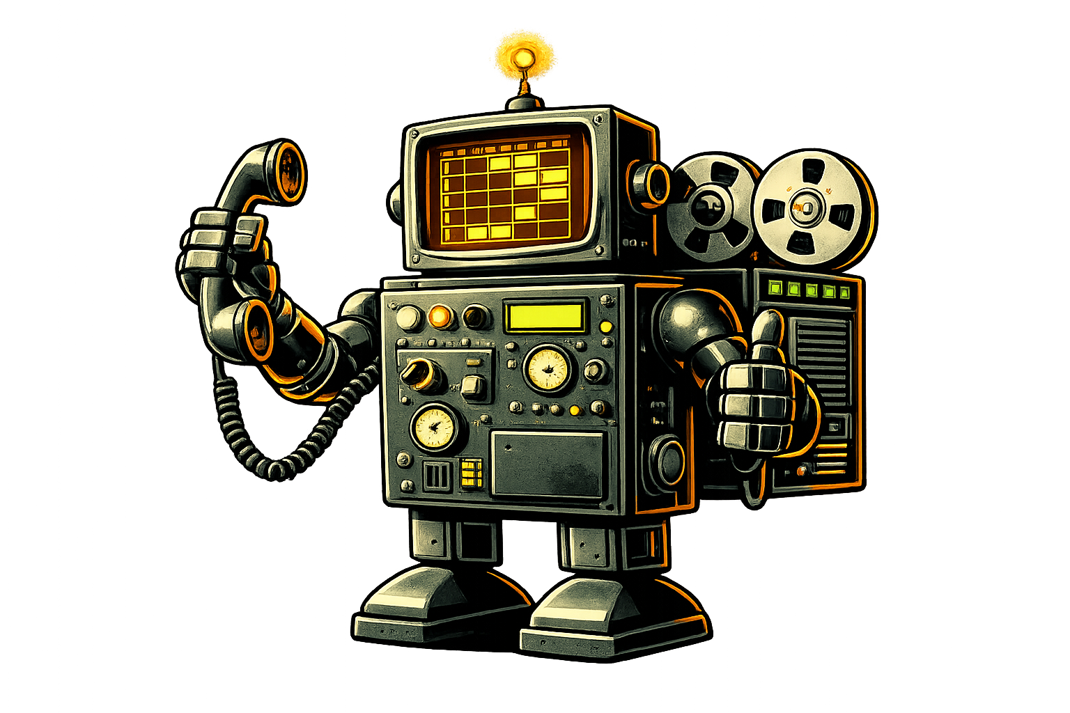 GoVoiceAgent AI Booking Agent — retro robot mascot with calendar display and telephone